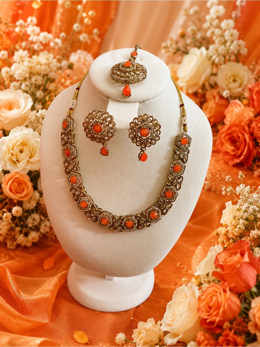 Elegant Gold-Tone Necklace & Earrings Set with Orange Stones